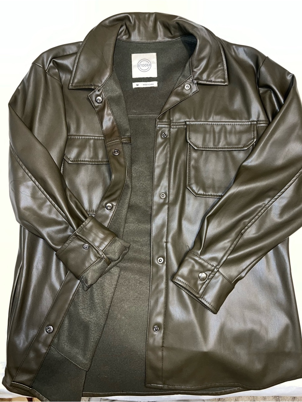 Stoosh Dark Olive Faux Leather Shirt Jacket